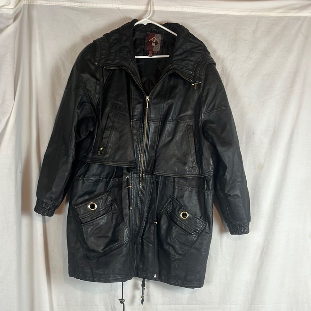 Vintage Black Leather G-III Hooded Long Motorcycle Jacket